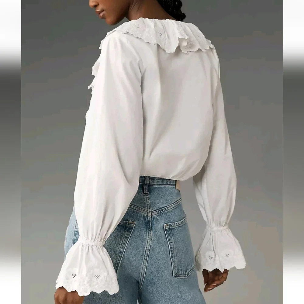 Maeve White Ruffled V-Neck Drawstring Blouse